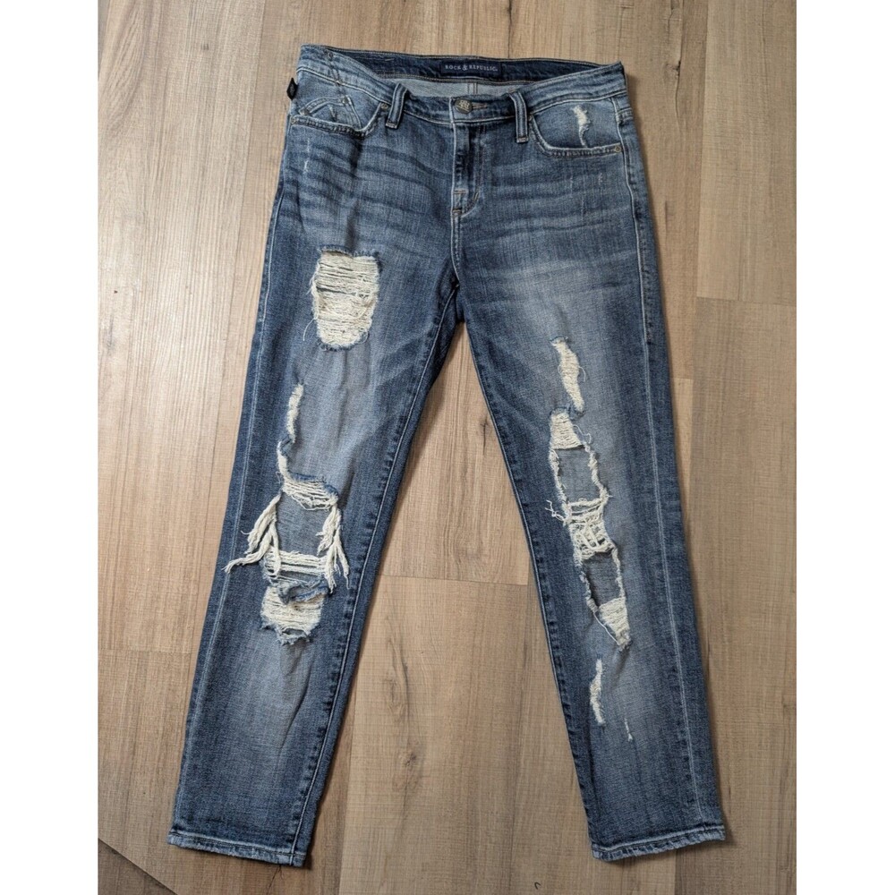 Rock & Republic Size 4 INDEE Destructed Blue Jeans Distressed Stretch Grunge